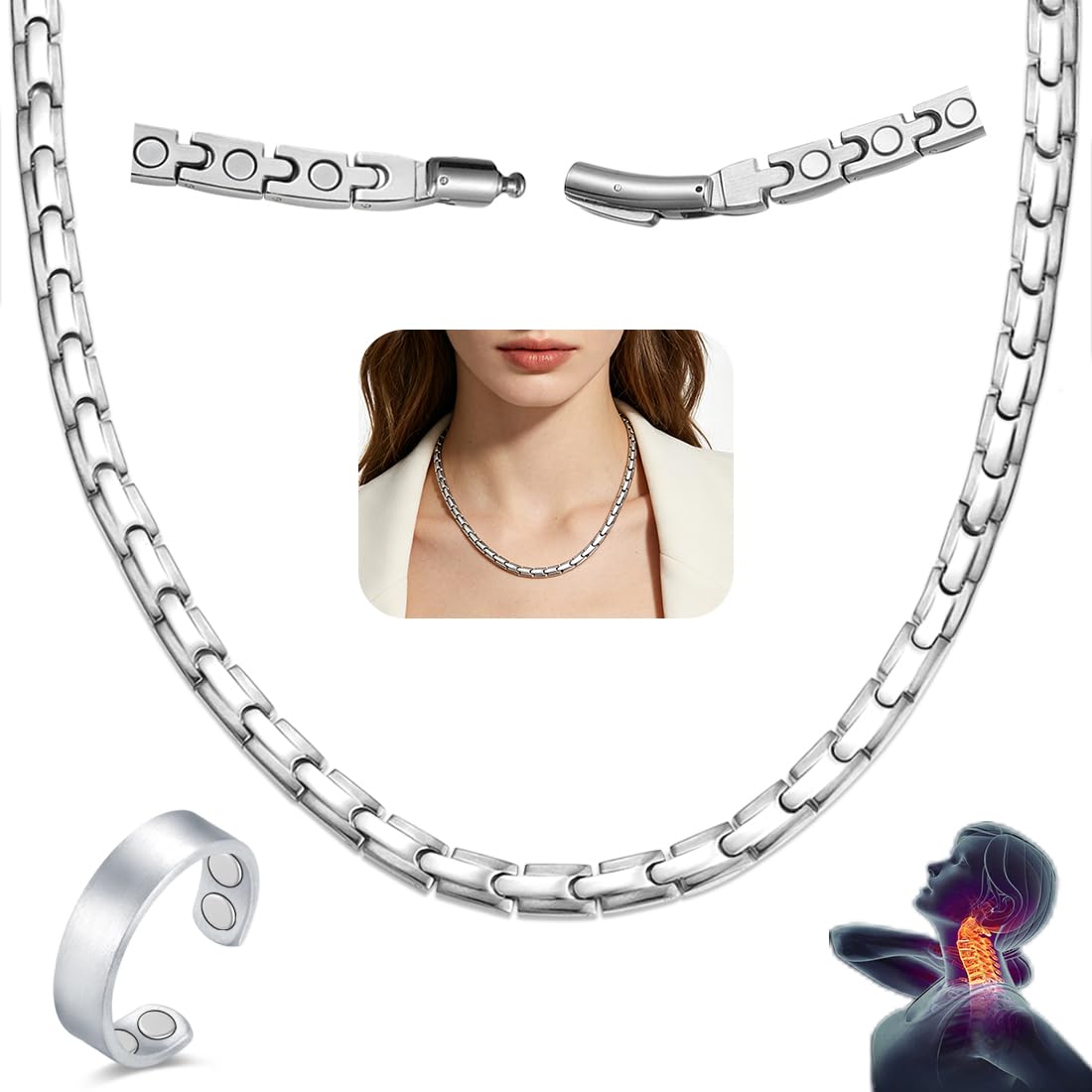 Vicmag Magnetic Titanium Necklace for Men & Women, Titanium Necklace Set with 4X Ultra Strength Magnets Ring, Adjustable Chain & Sizing Tool(Silver)