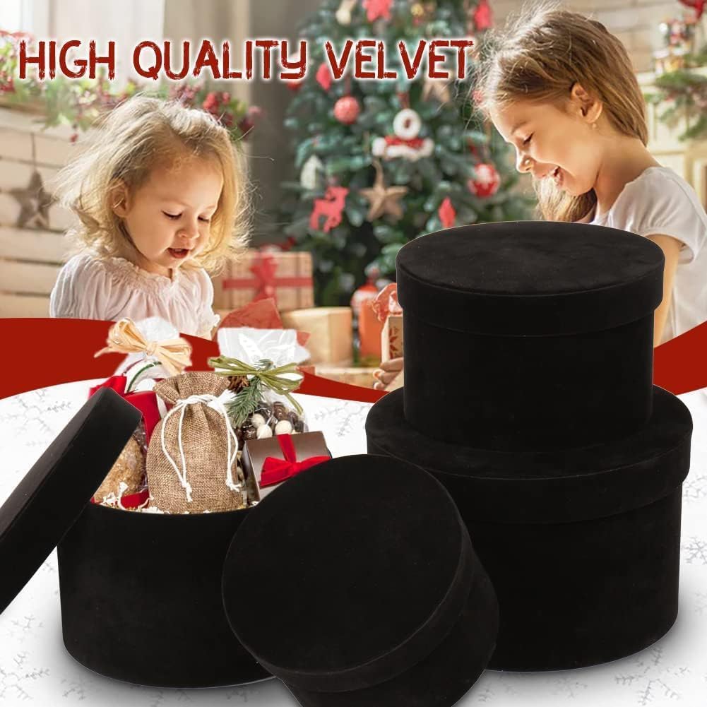 GnFlus Black Gift Boxes with Lids for Presents Set of 4 Round Velvet Nesting Gifts Box for Arrangements Flowers Wedding Birthday Mothers Valentines Day Bridesmaid Christmas Party Anniversary