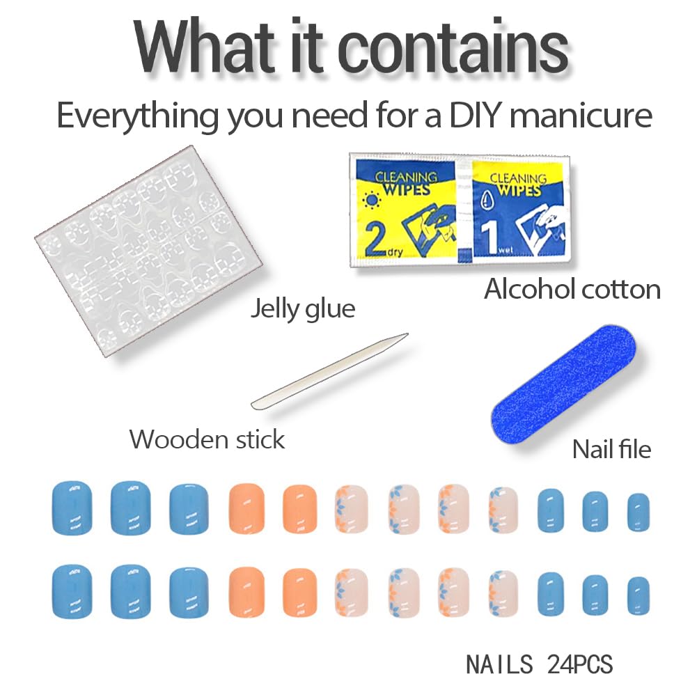 Extra Short Press On Nails Glue On Square Short Glossy Blue Fake False Nails with Small Floral Press ons Designs Artificial Stick on Nail for Women 24Pcs