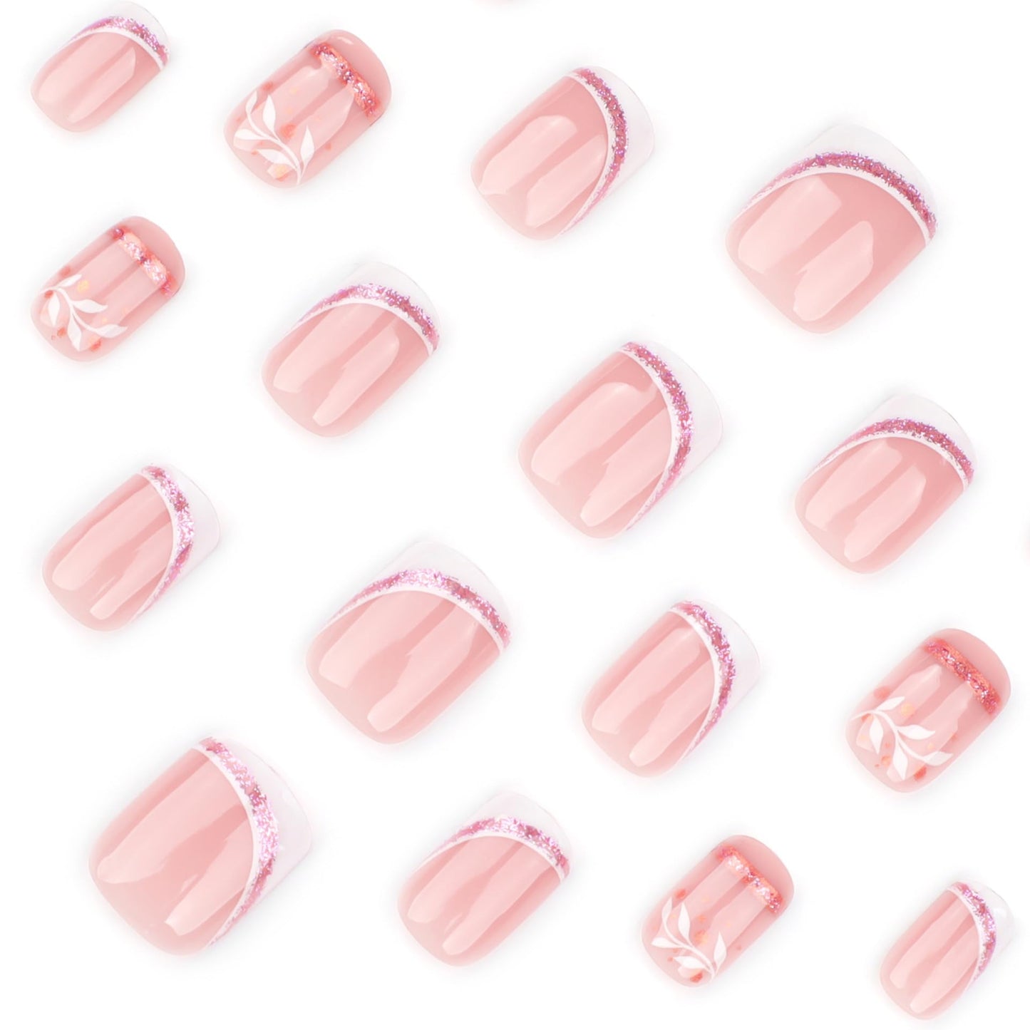 IMSOHOT Press on Nails Short Square Fake Nails with Pink Glitter Designs White French Tips False Nails Full Cover Leaf Glue on Nails Glossy Acrylic Nail Supplies