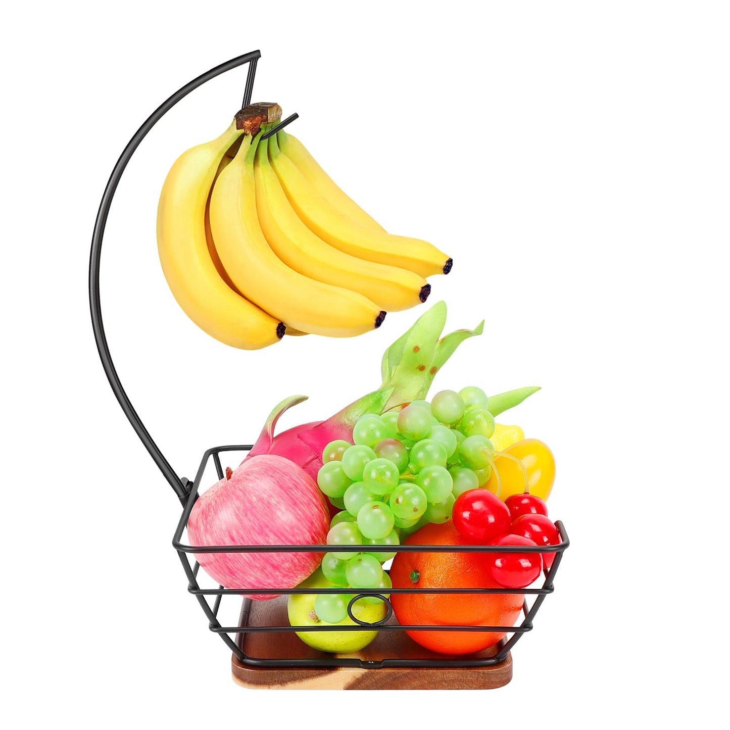 Livabber Countertop Fruit Basket Bowl with Banana Hanger, Modern Standing Fruit Vegetable Bowl Storage, with Banana Tree Holder for Kitchen Dinning Table (Square Wood, Black)