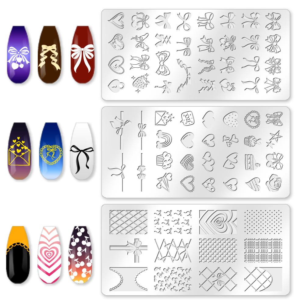 beinkmake 3Pcs Bow Nail Stamping Plate Set Girly Elements Romantic Heart Shape Stainless Steel Nail Stamp Templates Clear Silicone Nails Stamping with Stamper Scraper for Manicure Printing