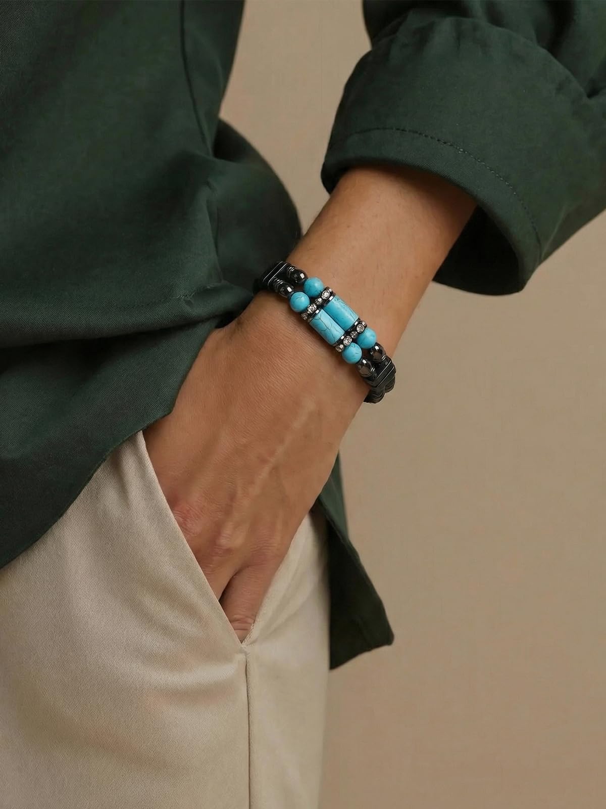 Mrcaois Mens Leather Turquoise Stone Bracelet–8.5" Braided Multi‑Layer Stainless Steel Clasp Leather Bracelets Jewelry Box and Pouch Packing