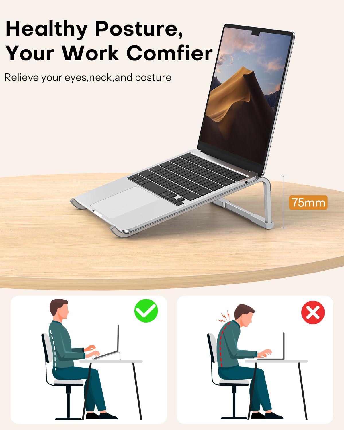OMOTON Portable Laptop Stand for Desk, Foldable Aluminum Laptop Riser, Ergonomic Computer Stand Compatible with for MacBook Pro/Air, Dell, HP, Lenovo, 10-17.3'' (Silver)