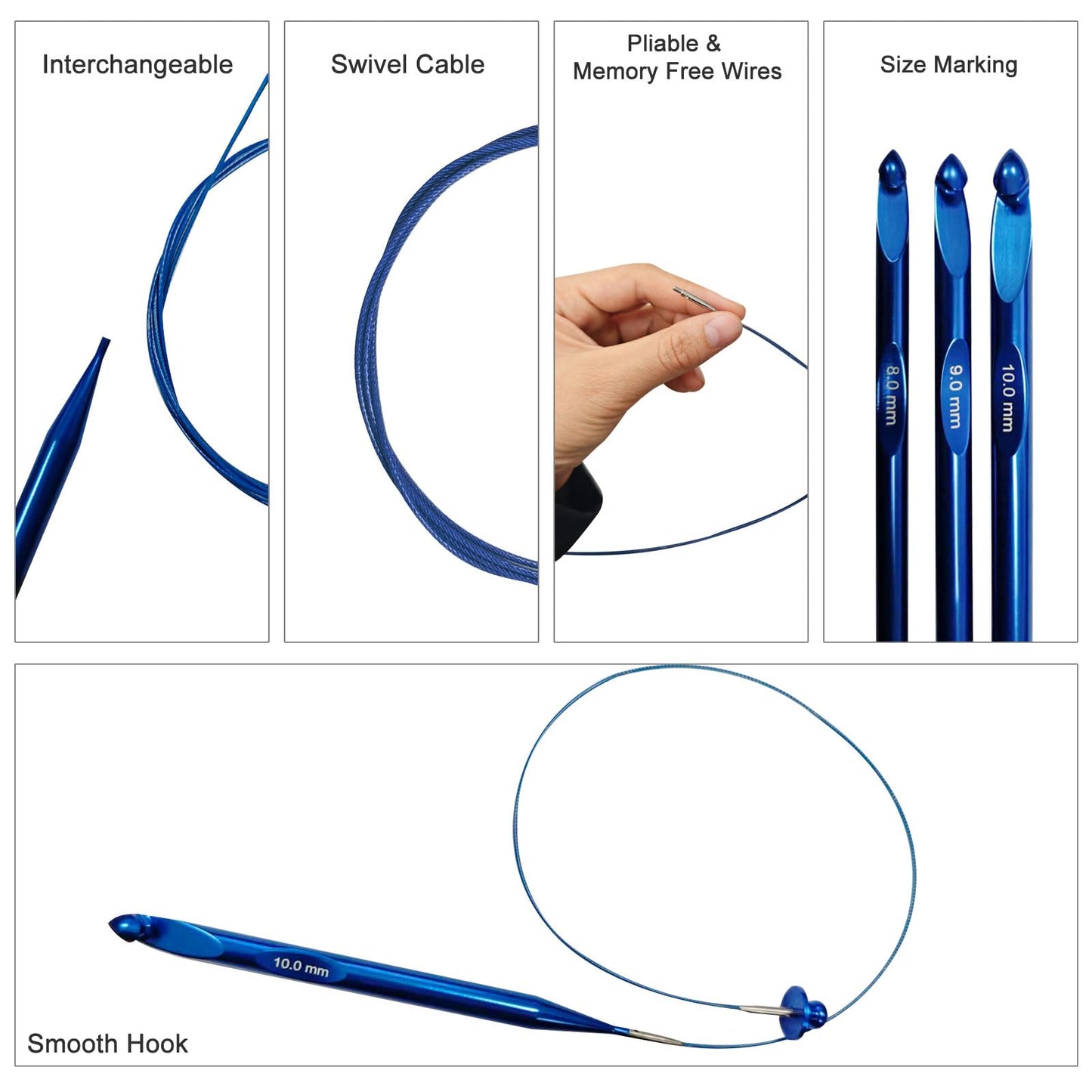 Tunisian Crochet Hooks Set Interchangeable with Case - 26pcs Metal Afghan Knitting Needles Kit 3mm-10mm with Long Cable & Ergonomic Grips, Blue