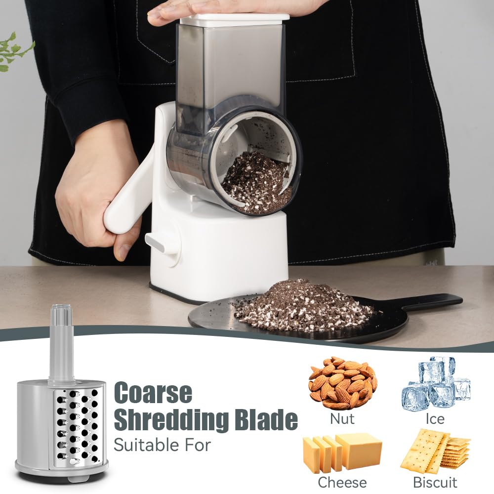 Maxceysen Safe Vegetable Mandoline Slicer Large Multifunctional Rotary Cheese Grater Hand Crank Easy Rotating Veggie Shredder Anti-Cutting, 3 Interchangeable Blades (WhiteGrey)