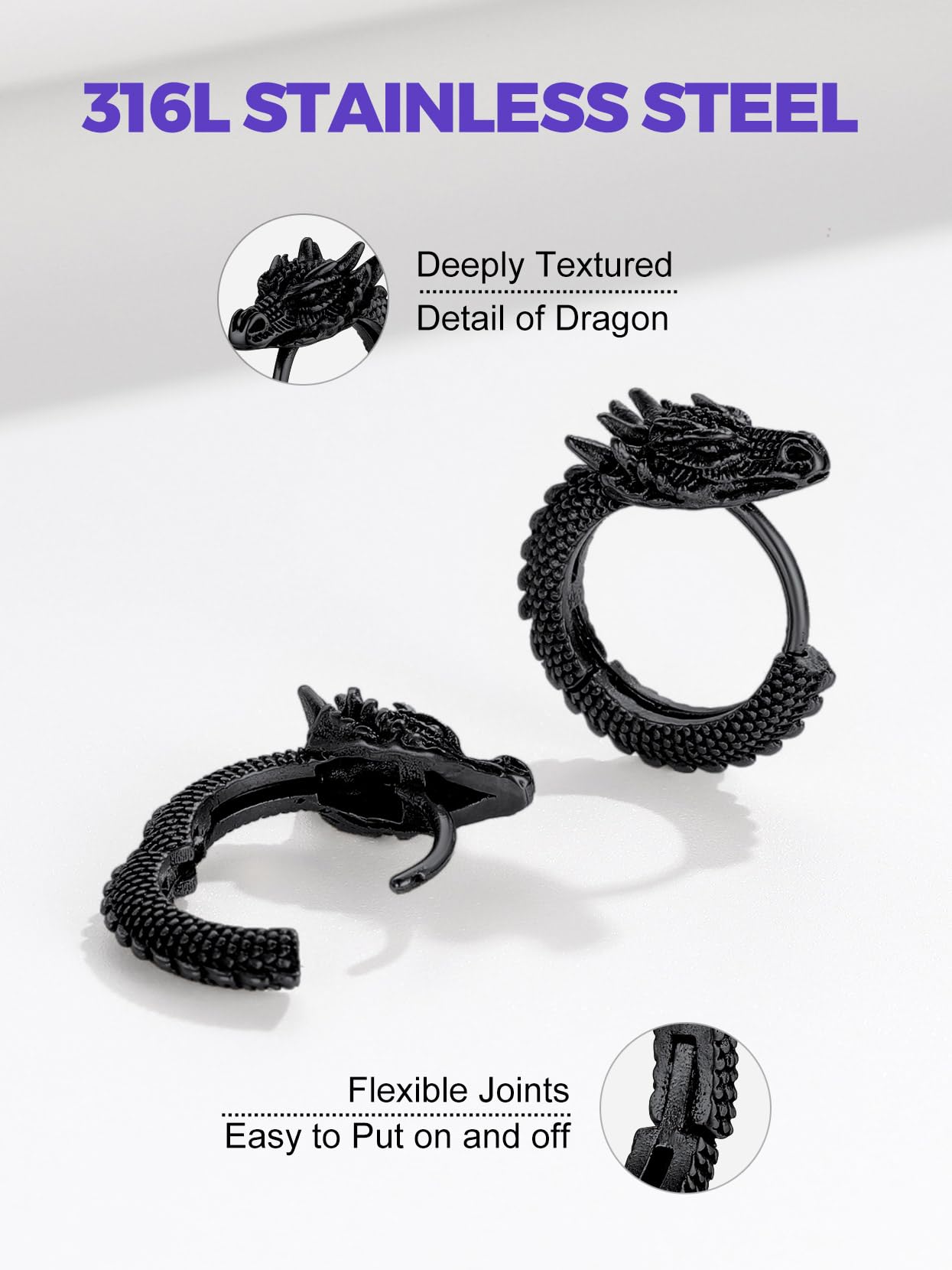 Richsteel Stainless Steel Hoops - Dragon Design Earrings for Men, Gothic Punk Jewelry with Secure Clasp