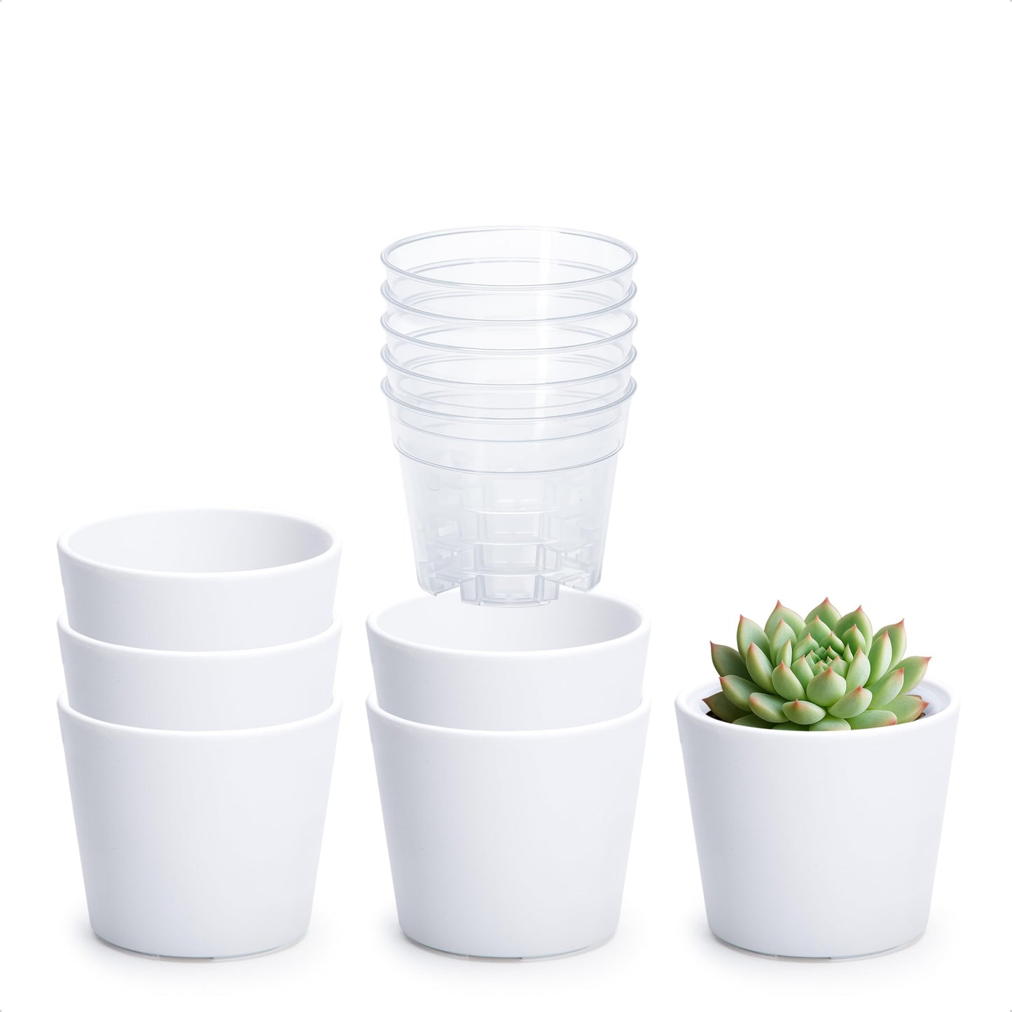 Phoenix Vine 3.5 Inch White Plastic Cachepot with Clear Nursery Pot, Decorative Lightweight Planter Cover with Transparent Inner Pot for Indoor Houseplants, Pack of 6, 24-A-D-6