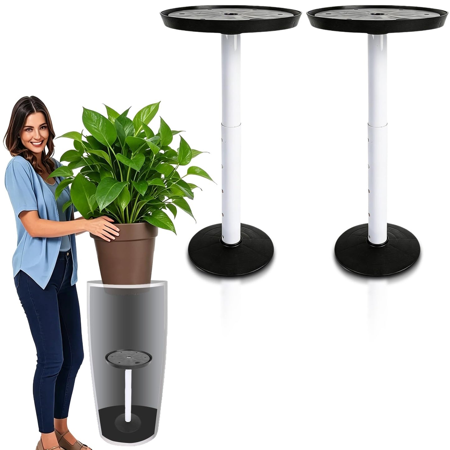 Gsycle 2 Sets Height Adjustable Riser for Plants, Plastic Planter Inserts Plant Pot Filler with Drainage Holes for Indoor Outdoor, Adjustable Pot Riser 11-17 inch for Large Container, Black