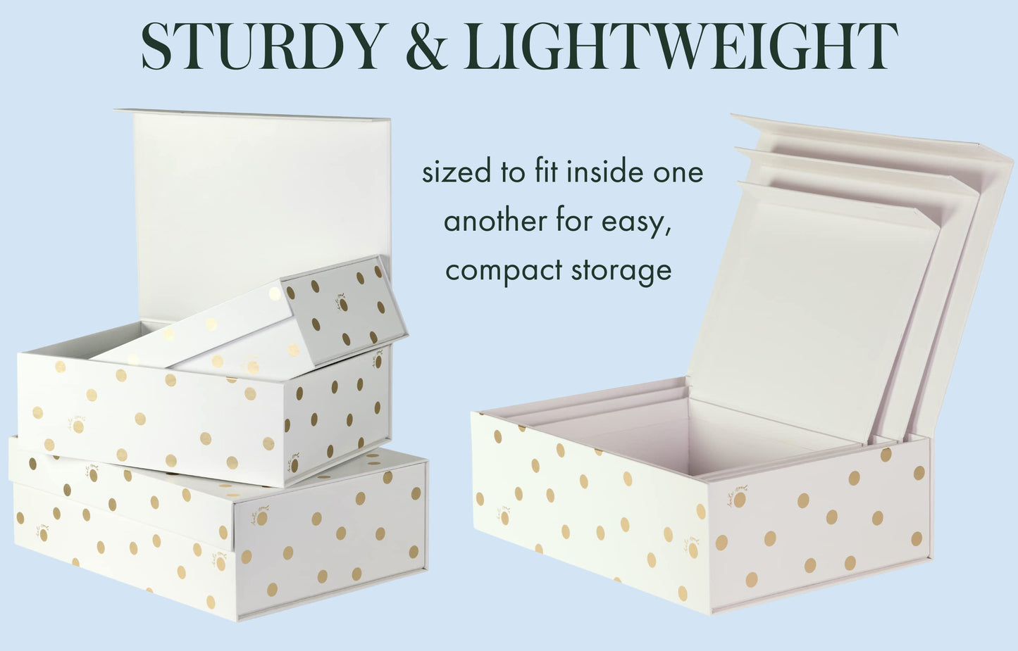 kate spade new york Decorative Storage Boxes with Lids, 3 Pack Sturdy Organizer Storage Bins, Includes Small Medium Large Pink Nesting Boxes with Magnetic Closure, Gold Dot with Script