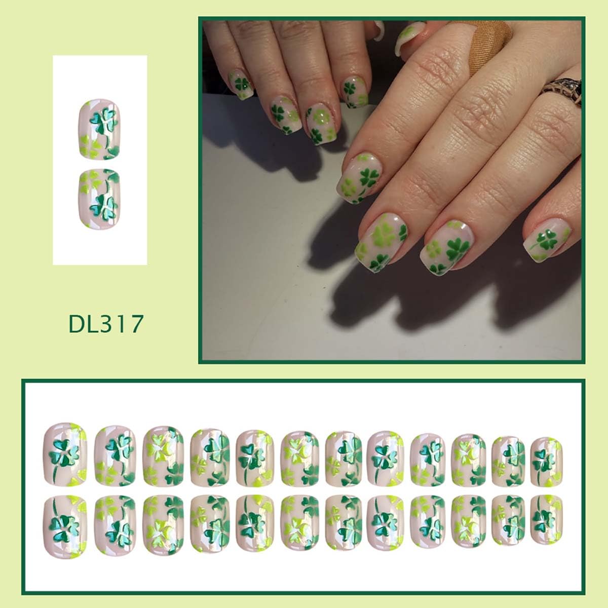 24Pcs St. Patrick's Day Press on Nails Short Square Fake Nails with Shamrock Designs Full Cover False Nails Green Reusable Glue on Nails for Women Saint Patrick Manicure Decor