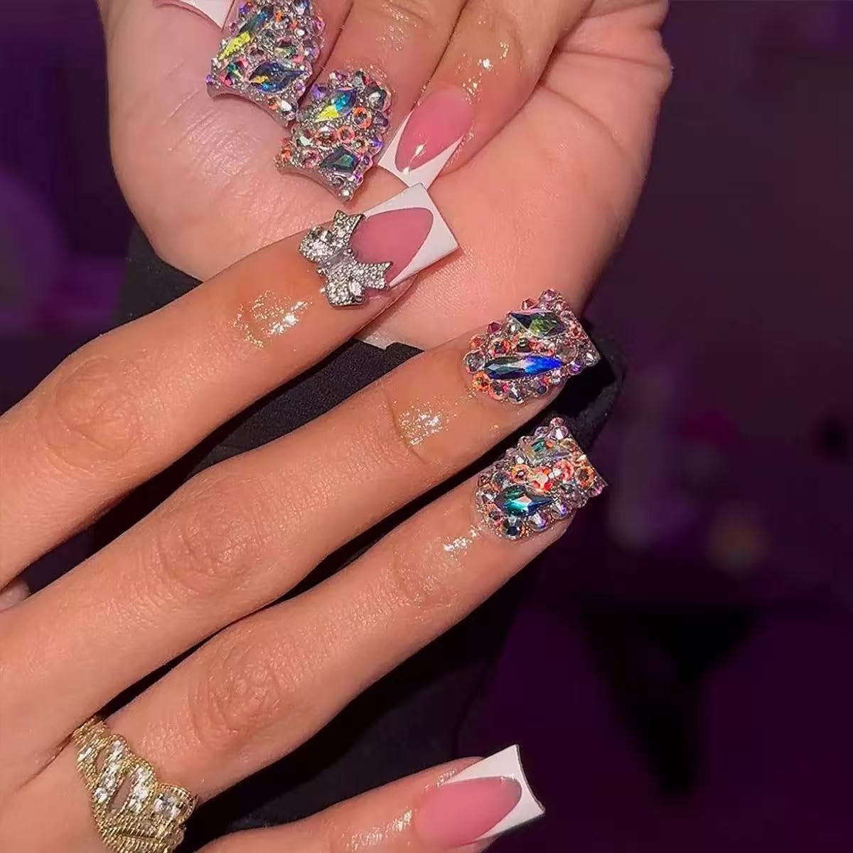Rhinestone Press on Nails Square Medium Fake Nails with 3D Sliver Bow White French Tip Design Full Cover Sparkling Stick on False Nails for Women 24 Pcs