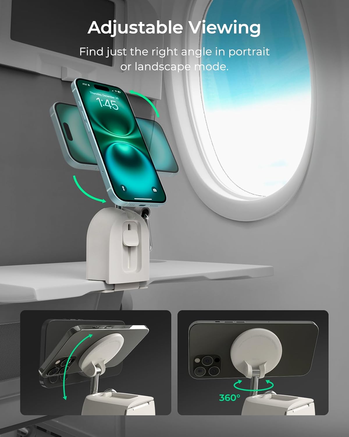iOttie Treker Travel Essentials Magnetic Airplane Phone Holder with 360° Rotation Swivel Head and Magnetic Ring Adapter for Universal Compatibility with MagSafe, Qi2, iPhone, and Android Smartphones.
