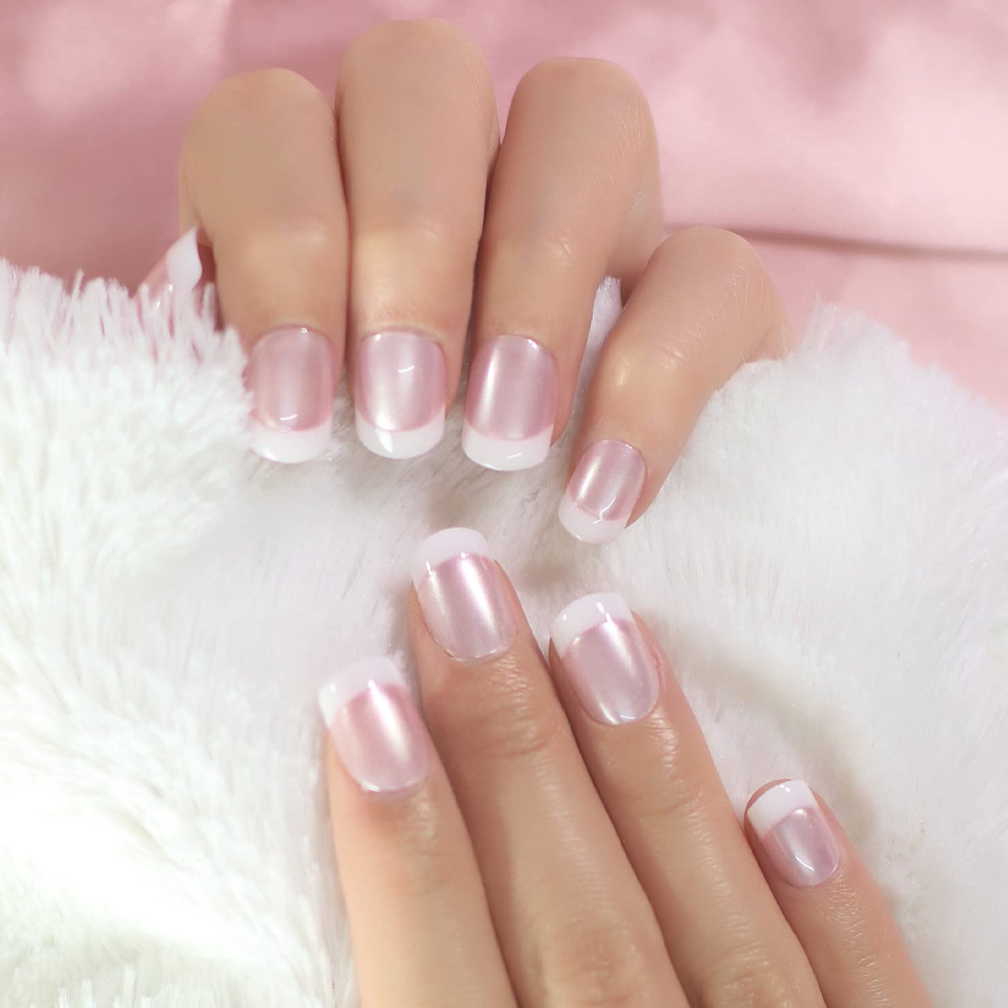 iBeautying Press on Nails - Pearl Shine Pink French False Nails | UV Full Cover Finish Short White Round Shape Reusable Fake Nails in 10 Sizes - 24 Nail Kit with Jelly Glue Pad