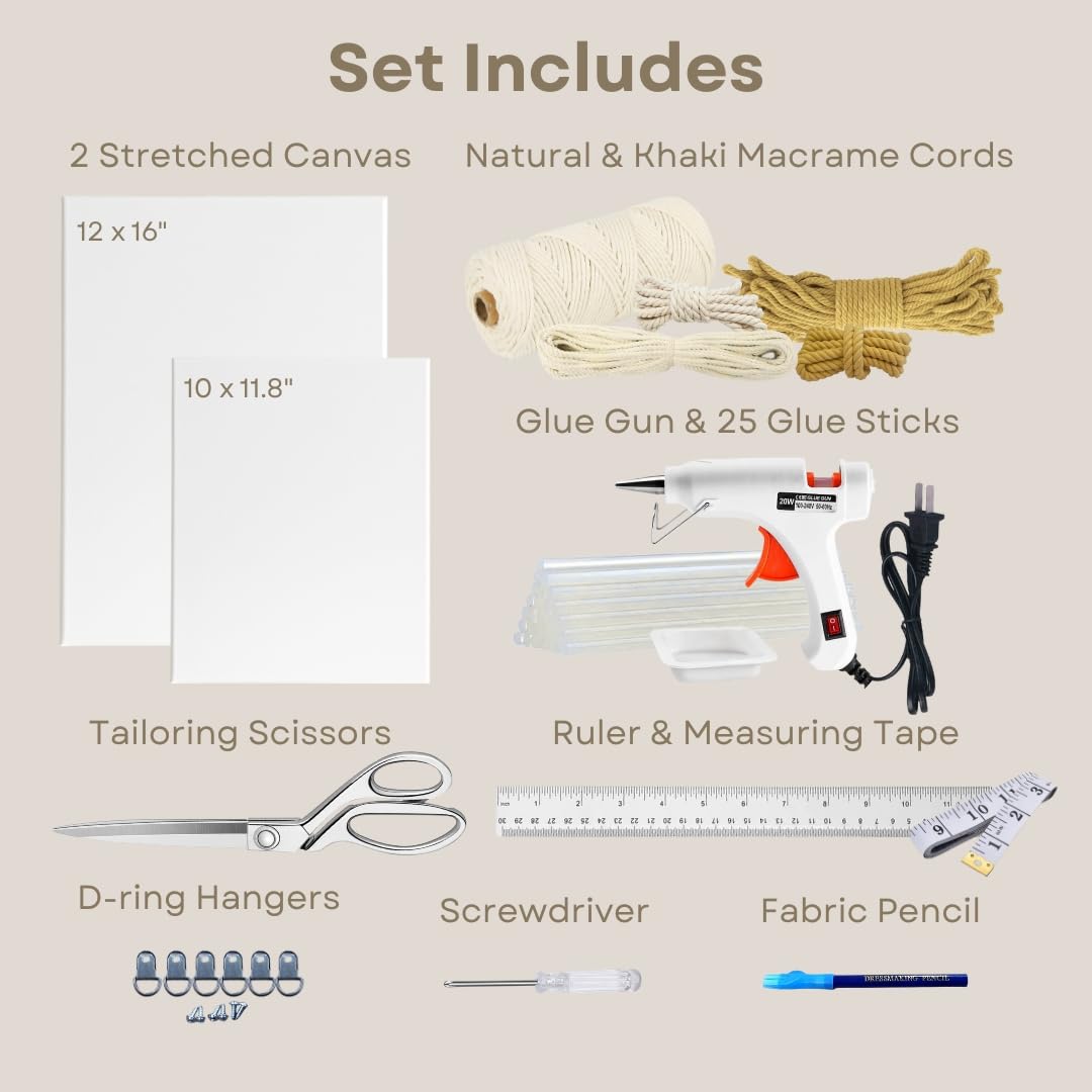 DIY Rope Canvas Kit for Beginners - Complete Macrame Ropes Supplies & Tools | DIY Macrame Art Wall Hanging Decor Starter Set, Craft Kits for Adults, Boho Wall Art Aesthetic Home Decoration (Khaki)