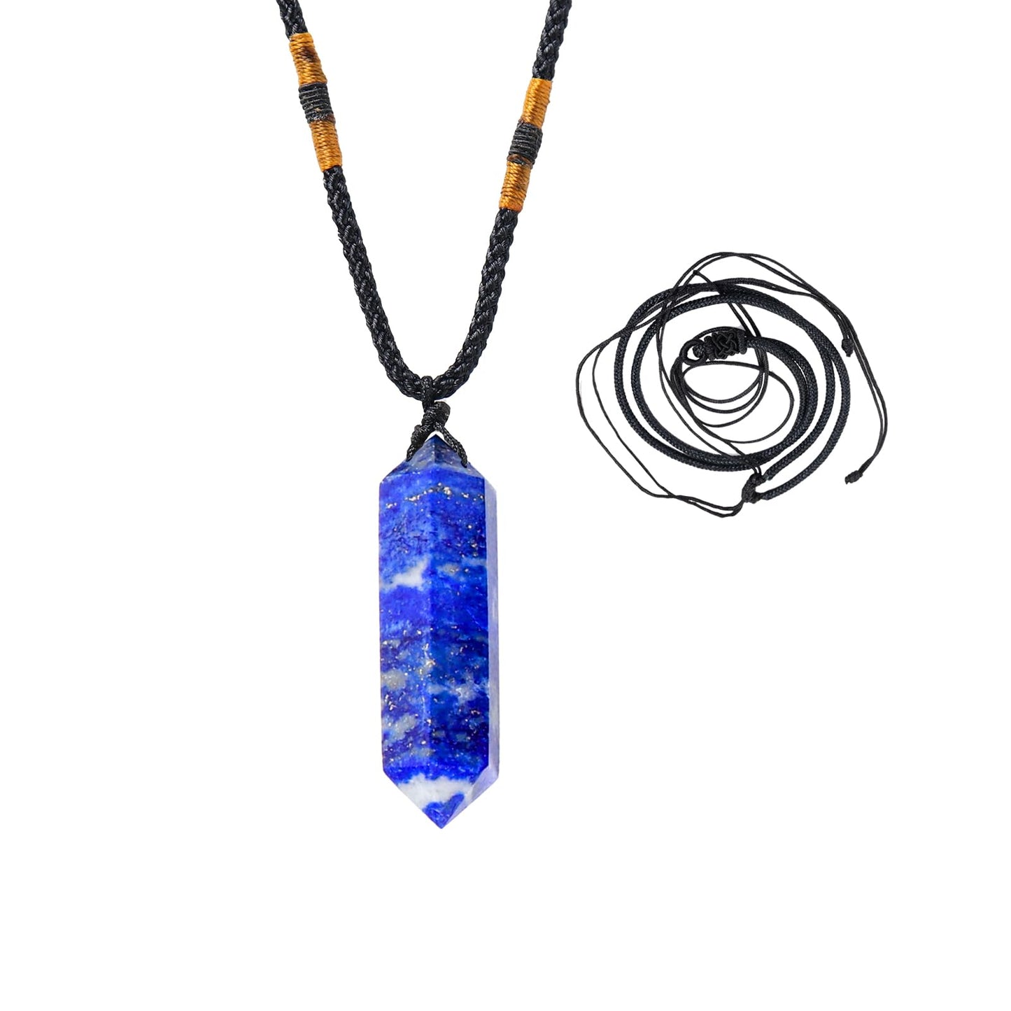 Runyangshi Blue Lapis Lazuli Healing Crystal Pendants, Double Pointed Natural Crystal Quartz Necklace 6 Faceted Chakra Crystal Wand Stone