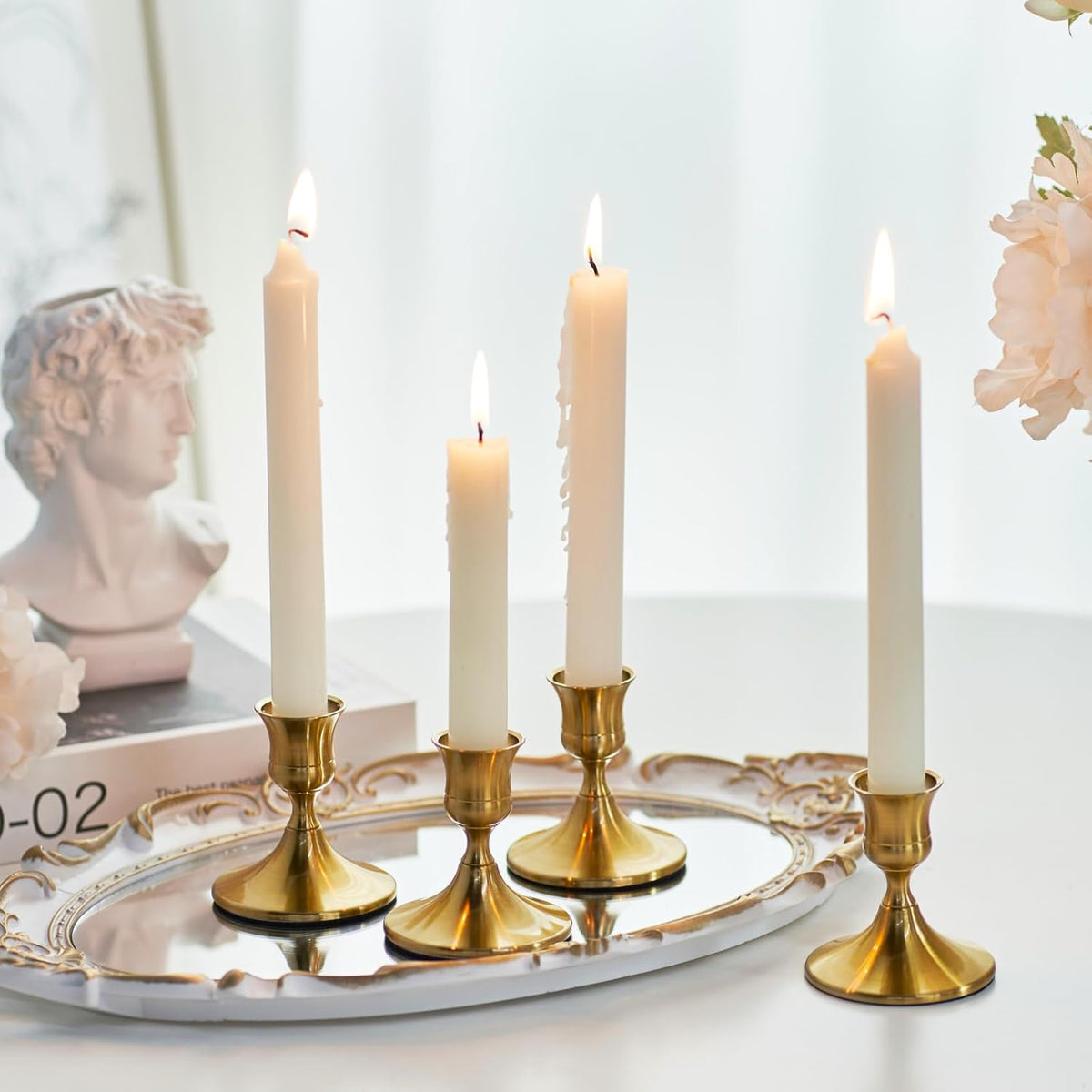 Gold Taper Candle Holder, Brass Candlestick Holders, Vintage Metal for Table Centerpieces Wedding Christmas Decor (Gold, 4 Pcs)