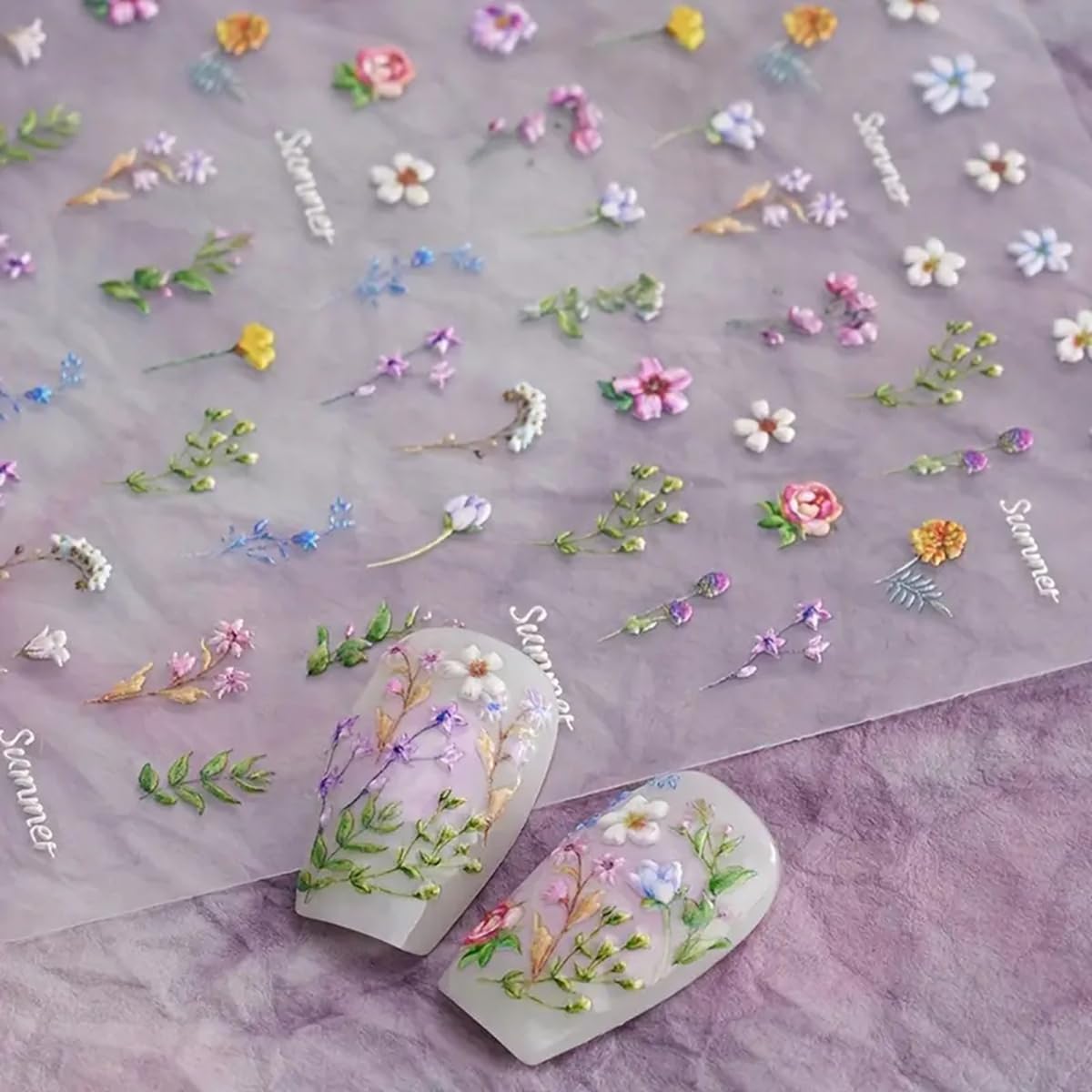 HAIIDOAK Nail Stickers, 3 Sheets 5D Embossed Art Decals, Self-Adhesive Sticker Charms for Manicure Pedicure, Butterfly Floral, Multicolor