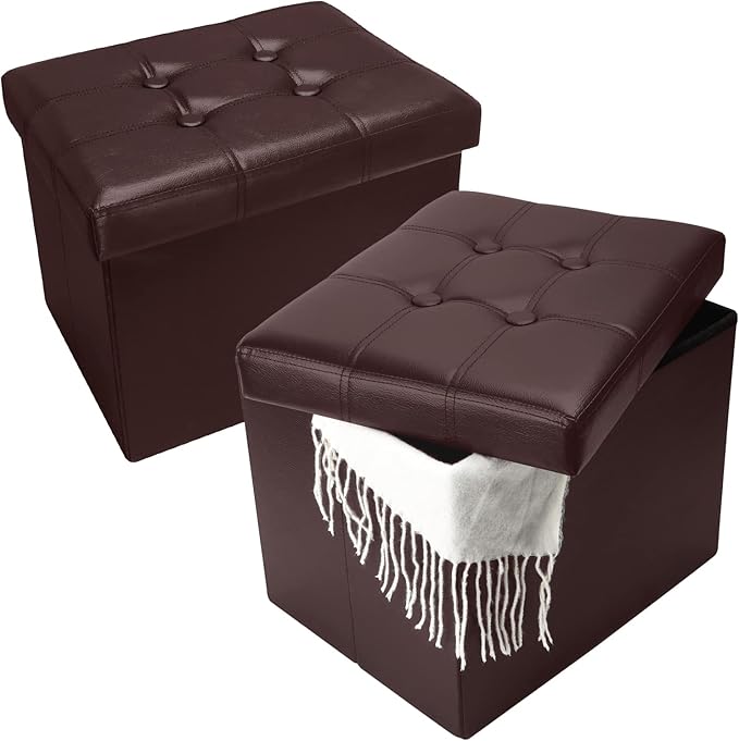 2PC Storage Ottoman, Folding Foot Stool with Thicker Foam Padded Seat Small Leather Storage Ottoman Bench Foot Rest for Living Room Foldable Coffee Table 17x13x13in,Brown