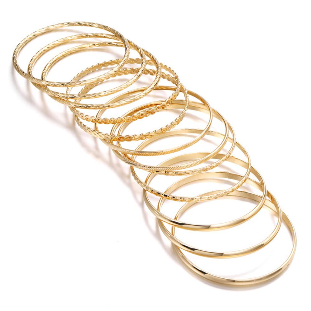 RINTOLER 12Pcs Gold Bangles for Women - Multi Layer Stackable Textured Gold Bracelets Boho Jewelrys Set.