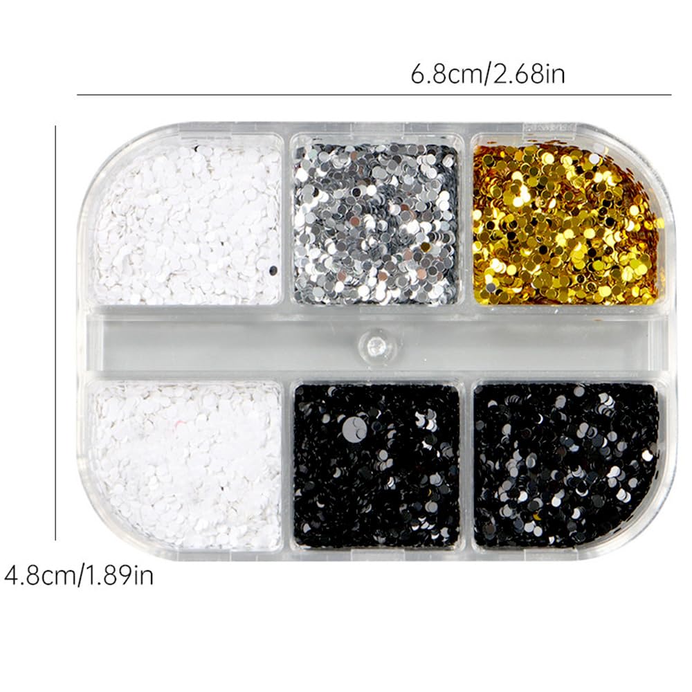 1 Box 6 Grids 3D Laser Mini Polka Dot Nail Sequins 1mm Tiny Dot Nail Glitter Flakes Black White Gold Silver Round Dots Paillettes Nails Charms Shiny Glitter for Nails Sequins for Crafts Manicure Decor