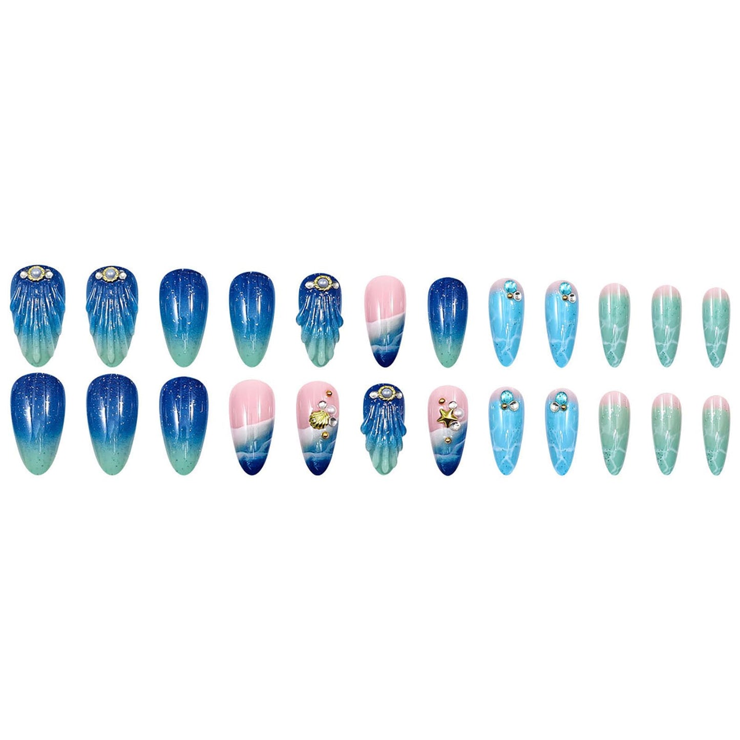 RUOKEXIN Almond Press on Nails Medium Fake Nails Beach False Nails with 3D Shell Designs Summer Blue Nail Press ons Sparkly Artificial Nails for Women 24Pcs