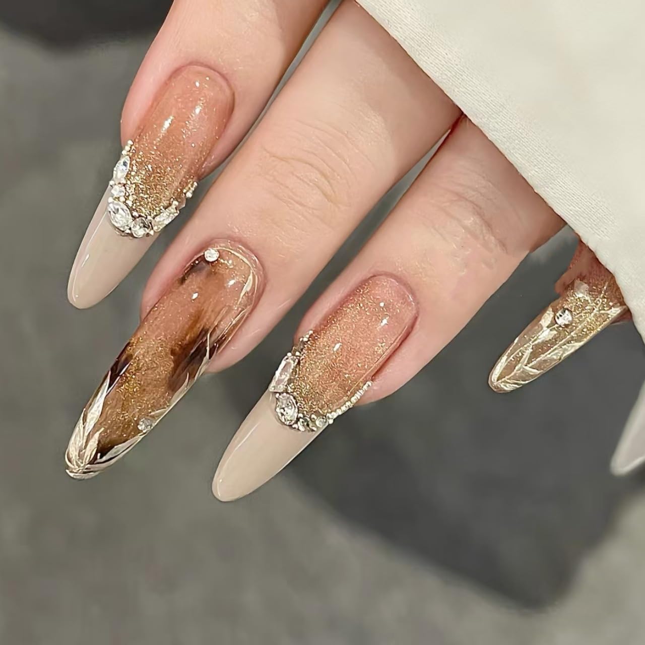 LIFOOST Handmade Nails Press On Long French Style Giltter Cat Eye False Nail Tips with Bright Crystal Silver Leaves Design Stick On Nails 10 Pcs, Size Medium