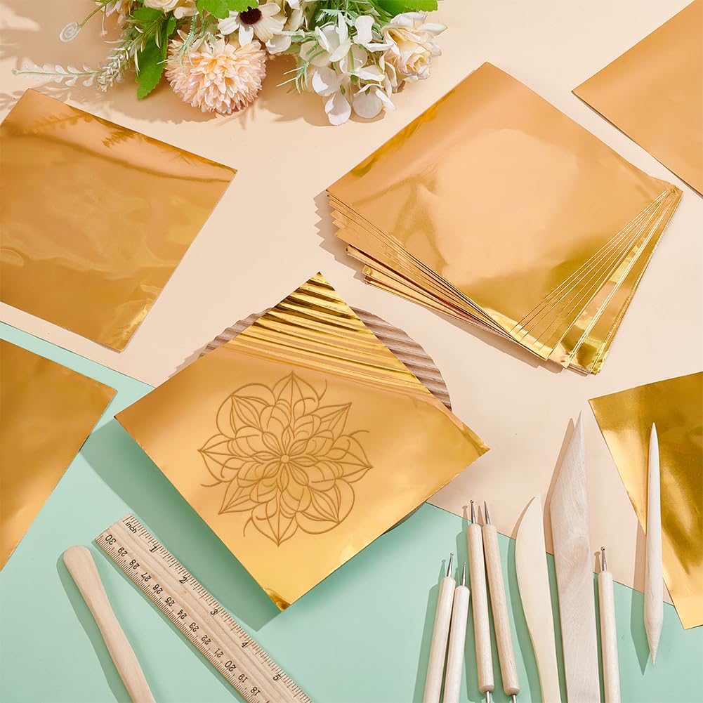 AHANDMAKER 100 Sheets Heavy Duty Aluminum Foil Sheet, 6 x 6 inch Gold Flashing Square Tin Foil Heavy Duty Board for Painting Engraving Embossing Mounting Art Project Crafts, 0.07mm Thick