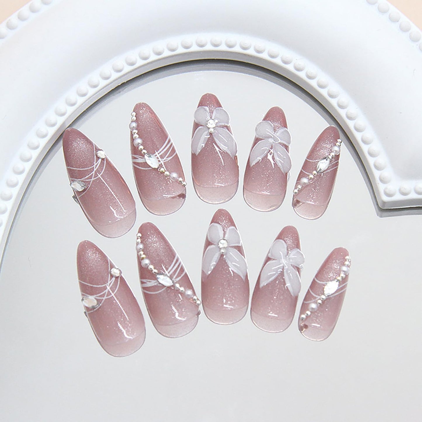 Press on Nails Almond Medium Cat Eye Acrylic False Nail Flower Rhinestones Design Full Cover Glossy Artificial Fingernails Press Ons Rhinestones Stick on Nails DIY Glue on Nails for Women 24Pcs