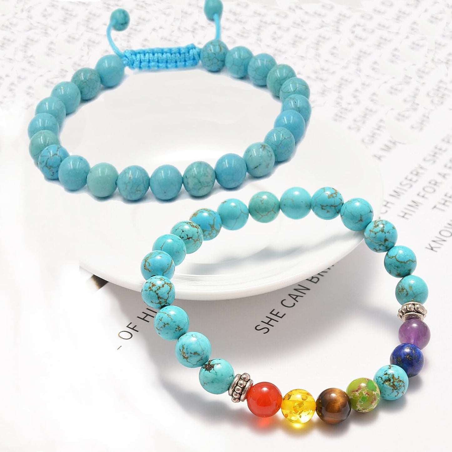 AD Beads 2Pcs His & Hers Distance Beads Bracelets Elastic Natural Stone Yoga Bracelet (7 Chakras-Blue Turquoise)