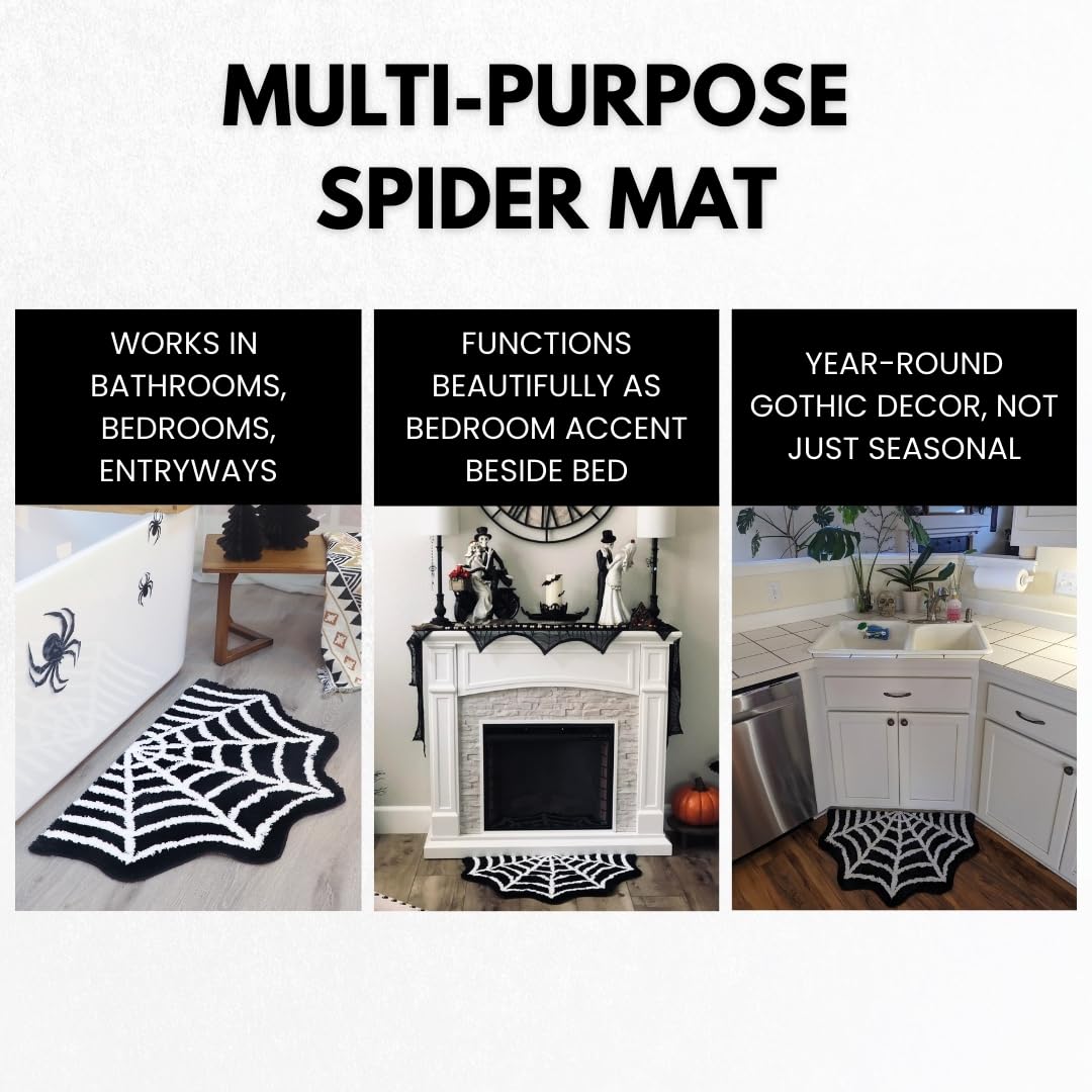 WITTIZA Spider Web Bath Mat - Black & White Gothic Bathroom Rug, Non-Slip Quick Dry Microfiber, Soft Plush for Halloween Decor & Goth Home, Machine Washable, 32" x 20"