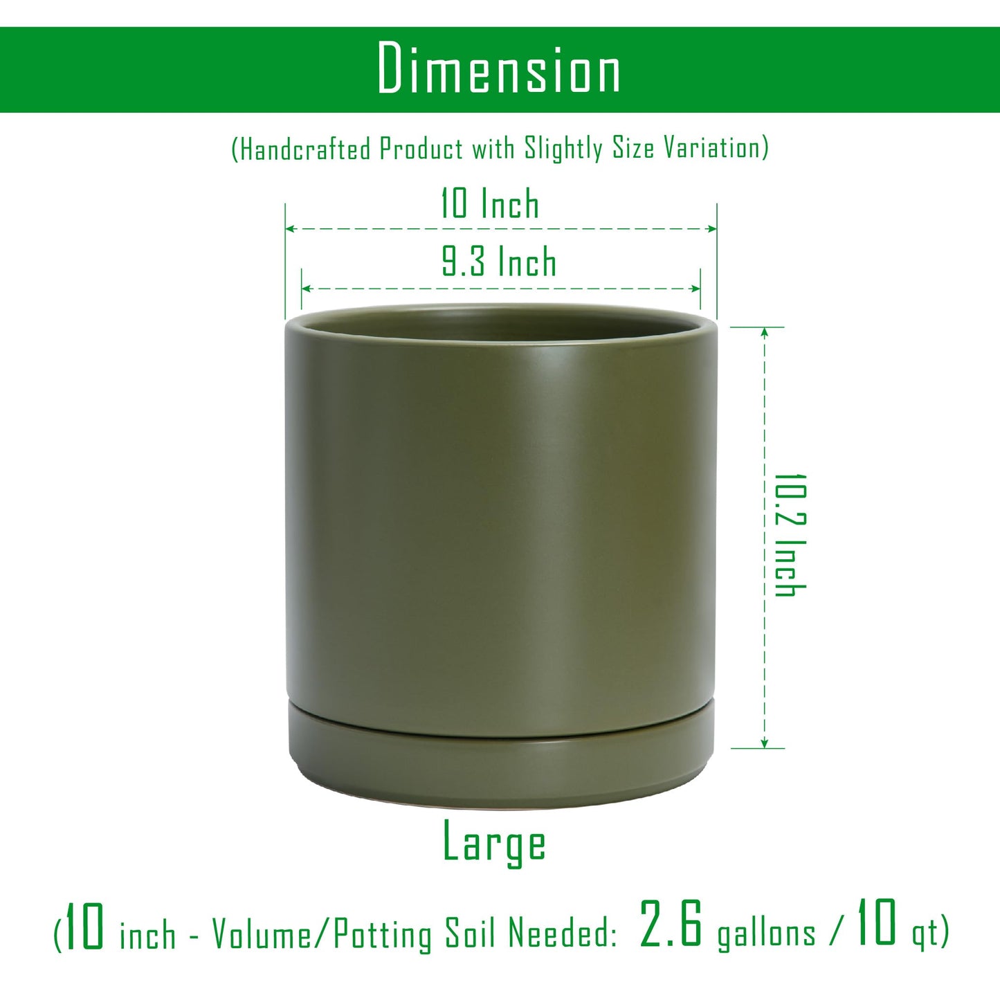 D'vine Dev 10 Inch Ceramic Planter Pot with Drainage Hole and Saucer, Indoor Cylinder Round Planter Pot, Olive, 94-O-E-J
