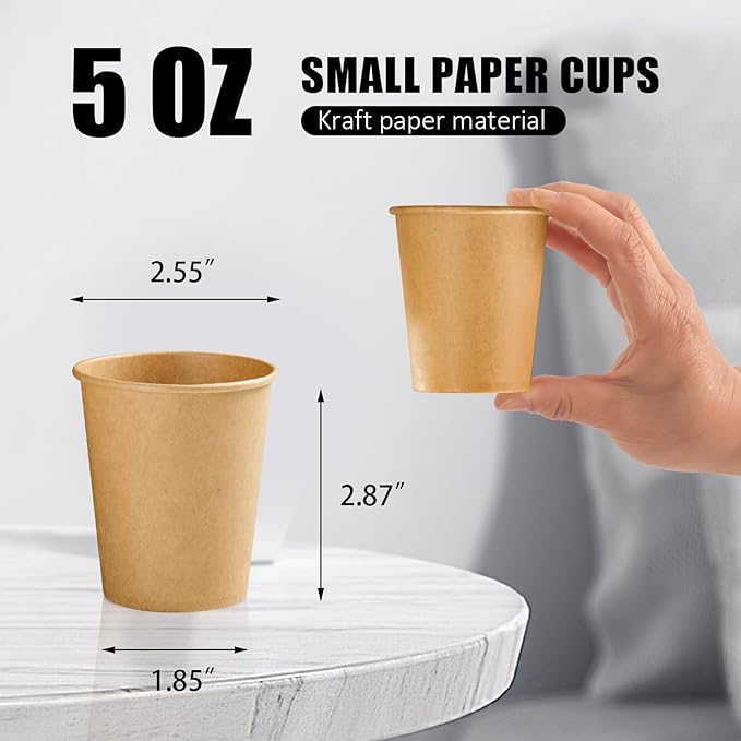 100 Pack 5 oz Paper Cups, Disposable Kraft Bathroom Cups 5 Ounce, Espresso Coffee Hot/Cold Beverage Cups for Home, Kitchen, Party