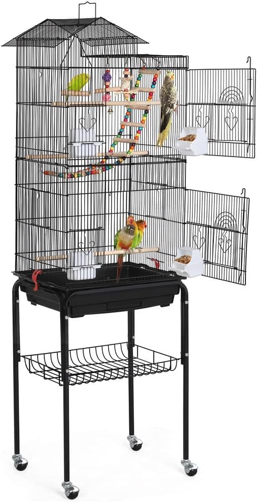 Yaheetech 62.5-inch Roof Top Flight Bird Cage for Parakeets Cockatiels Conures Finches Lovebirds Canaries Budgies Small Parrots, Large Birdcage with Detachable Rolling Stand, White