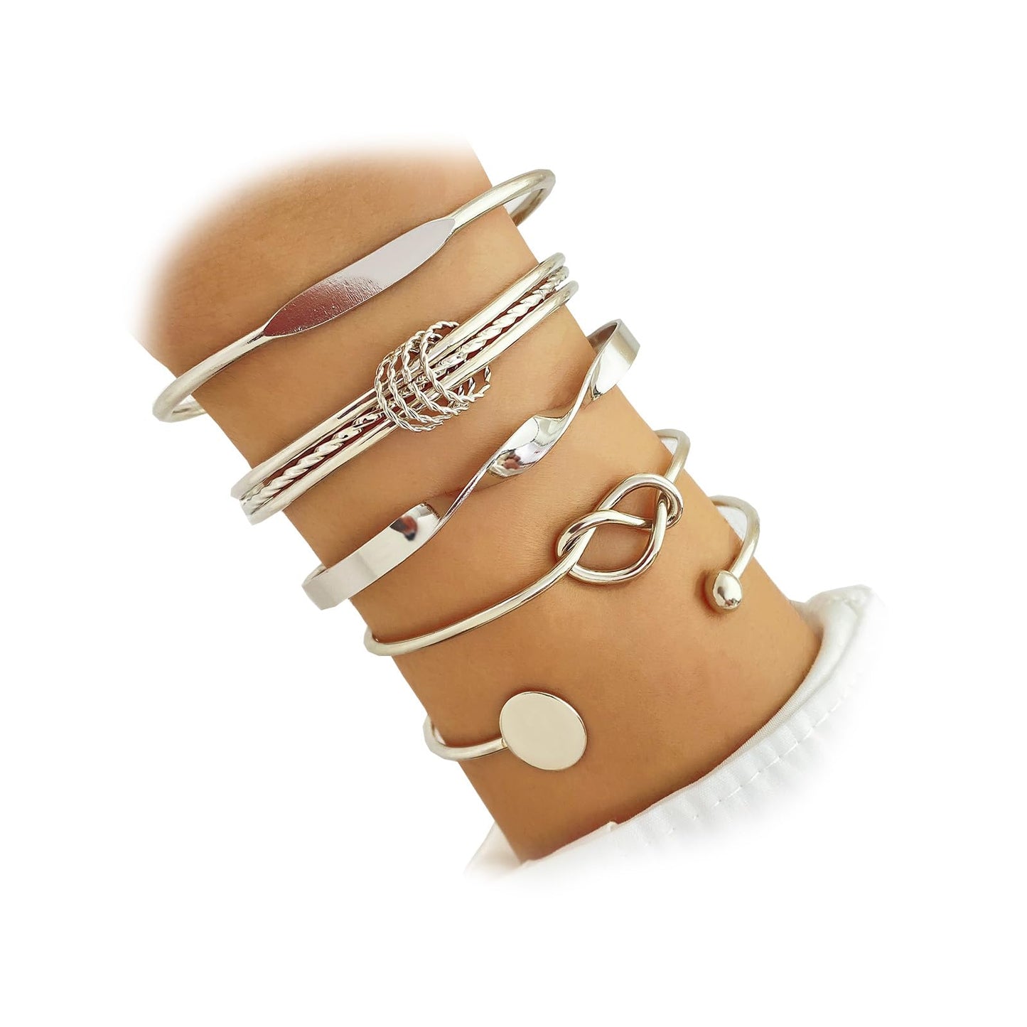 IFKM Silver Bangles Bracelets For Women, Silver Plated Multi Layer Stackable Cuff Bracelet Set, Trendy Elegance Charms Non Tarnish Minimalist Textured Boho Jewelry Gift for Women