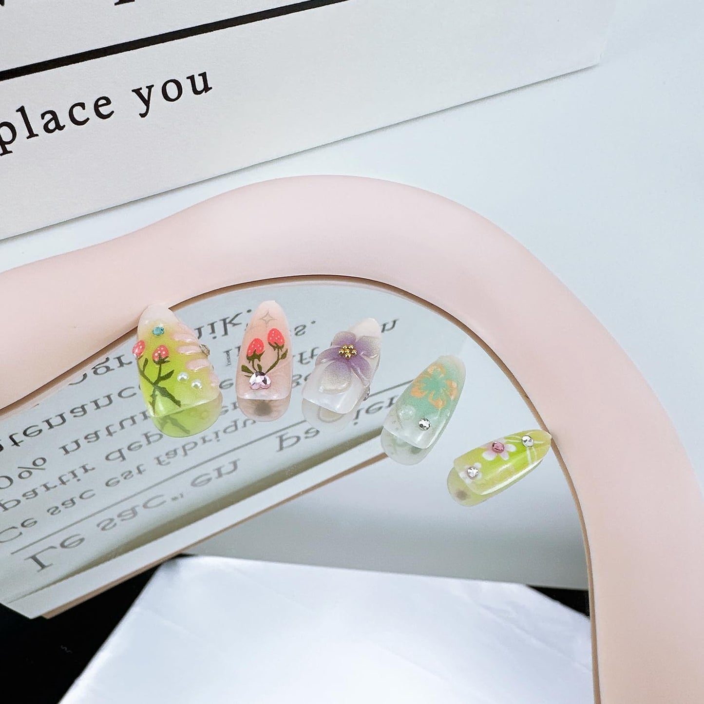 30Pcs 3D Flower Press on Nails Medium Almond Fake Nails with Pearl Rhinestones Designs Fill Cover Glue on Nails Cute Strawberry Acrylic Nails Pink Bow False Nails Star Floral Stick on Nails for Women