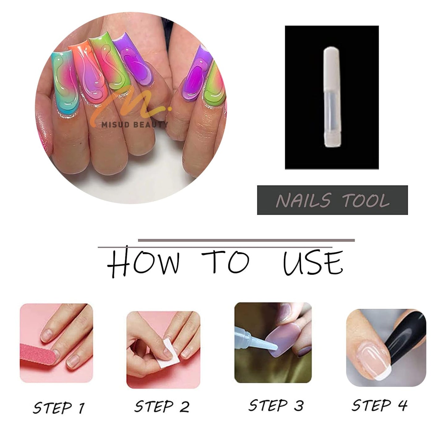 MISUD Press on Nails - Long Square Glue on Nails with Colorful, Acrylic Summer Rainbow Design 24 pcs