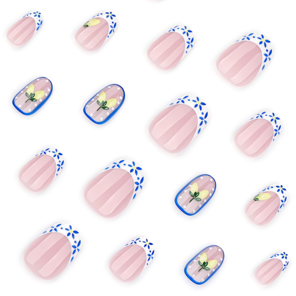 French Tip Press on Nails Short Oval Fake Nails with Fruit Floral Design Glossy Cute Nails Summer Beach Nails Press ons Artificial Full Cover Glue on Nails for Women Girls Kit 24Pcs
