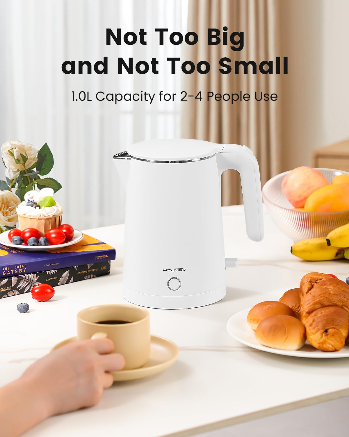 WTJMOV Electric Kettle Stainless Steel, 1.0L Small Water Boiler 1200W Fast Boiling, Double Wall Tea Kettle Pot Automatic Shut Off, Durable Coffee & Tea Maker/Warmer/Heater White