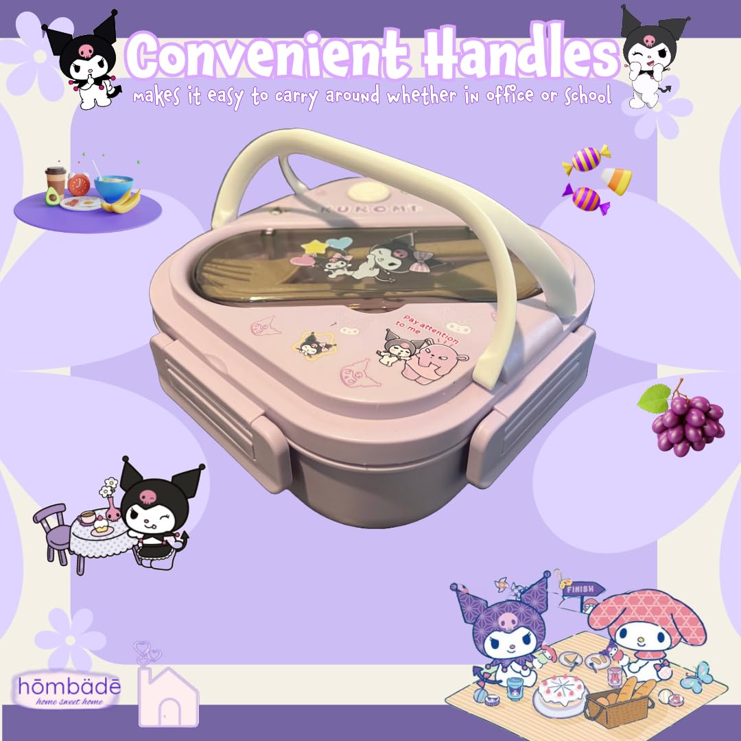 hombäde Bento Lunch Box Container Set with 3 Compartments Portable Personal Sealed Plastic Utensils Food Container Cute Kawaii Anime Kitty Bunny Dog (Purpleromi)