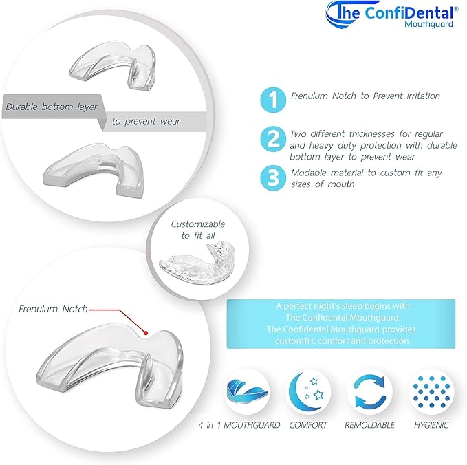 The ConfiDental - Pack of 4 Moldable Mouth Guard for Teeth Grinding Clenching Bruxism, Sport Athletic, Whitening Tray, Including 2 Regular and 2 Heavy Duty Guard (2 (LLL) Regular 2 (II) Heavy Duty)