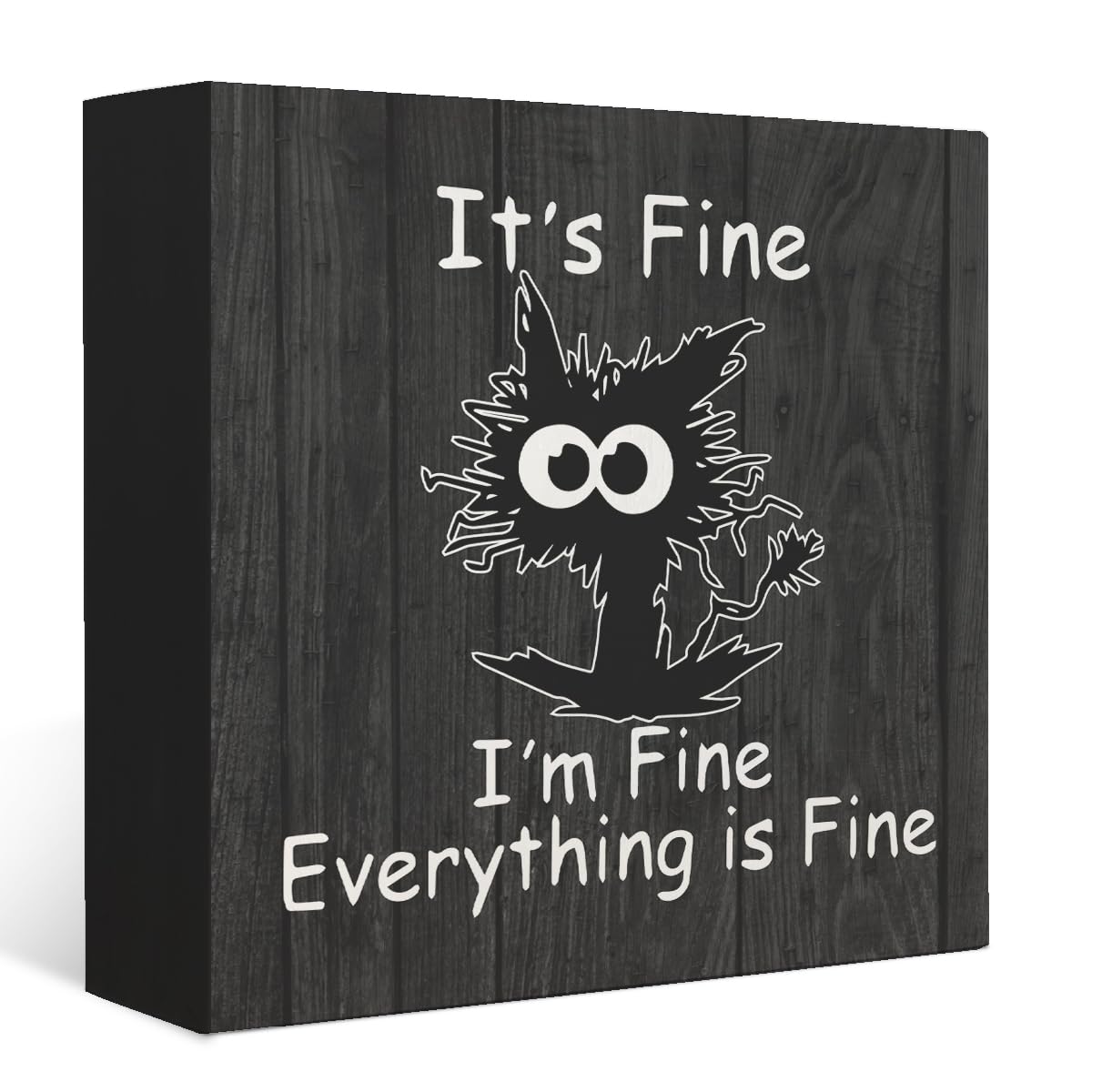 Mtrgdn Cat Office Decor Wooden Box Sign - It's Fine Everyone is Fine Frazzled Wood Desk Decorations for Home, Burlywood