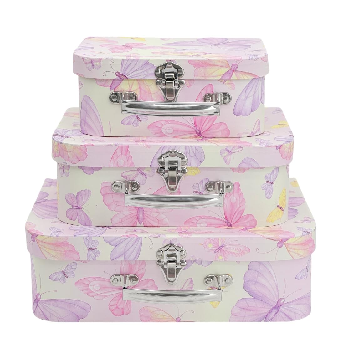 Amedoo Paperboard Suitcases Set of 3 Decorative Storage Boxes with Lids, Mini Suitcases, Cute Boxes (Butterfly)