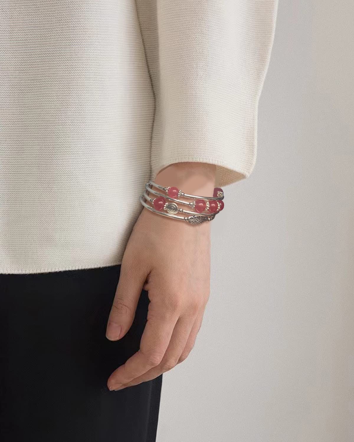 FULU AUTUMN Stackable Beaded Bracelets for Women Boho Wrap Silver Bracelet Layered Fashion Jewelry Gifts for Her(17-Rose red)