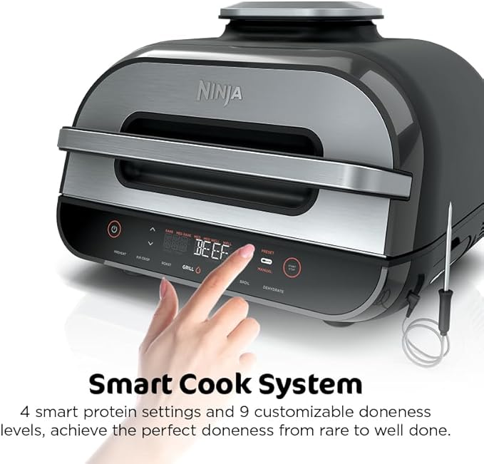 Ninja | Indoor Grill and Air Fryer| Foodi Smart XL | 6-in-1 Grill, Air Fry, Roast, Bake, Broil, Dehydrate & Crisp |Smart Thermometer & Splatter Shield | Dishwasher Safe Parts | Black/Silver | FG551