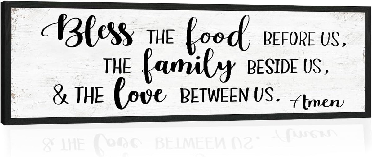 Bless the Food Before Us Wall Decor: Farmhouse Rustic Kitchen Signs Wall Decor Framed Hanging Wall Plaques 12" x 40",Inspirational Quotes The Family Beside Us Signs