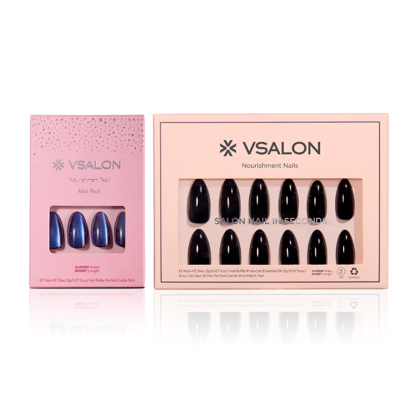 VSALON Almond Press-On Nails - Black Cream Medium Nails & Blue Chrome Cat Eye Nails - 2 Reusable Nail Set (Nourishment & Mini pack)-16 Sizes