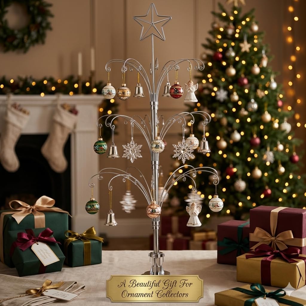 HOHIYA 47" Rotating Ornament Display Tree with 60 Hooks Heavy Duty Metal Christmas Ornament Stand Silver Rotating Display Rack for Glass Ornaments Holiday Decor Craft Show & Year Round Display