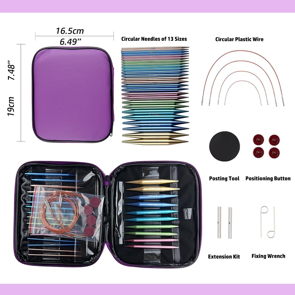 Yarniss 13 Pair Circular Knitting Needle Set 3.0~10.0mm, Interchangeable Aluminum Knitting Needles with Case