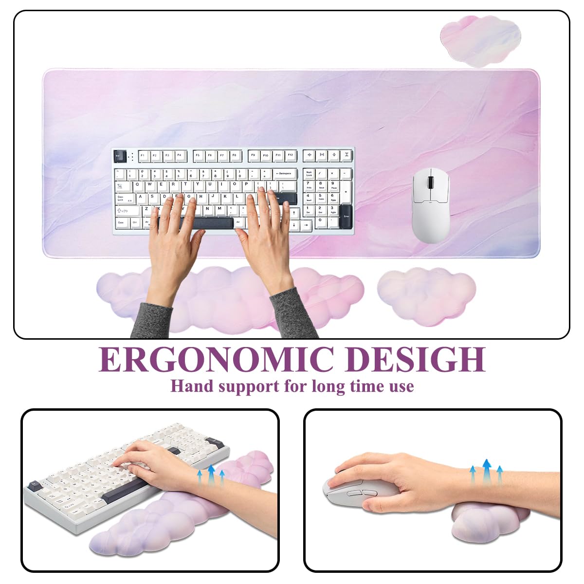 Gaming Desk Mat with Keyboard Wrist Rest Set, 4 in 1 Large Mouse Pad & Cloud Keyboard Wrist Rest& Mouse Wrist Rest&Coaster, Comfort and Support for Typing and Gaming(Purple Gradient)